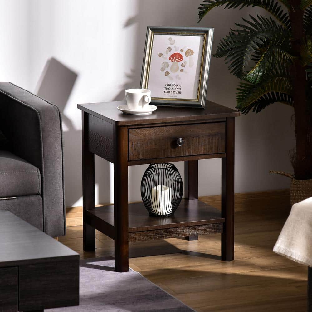 Dark Brown Wood End Table with Drawer and Shelf