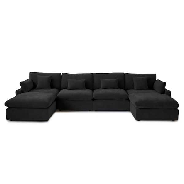 155 in. Slope Arm Linen 6-Piece Modular Free Combination Sectional Sofa with Ottoman in Black