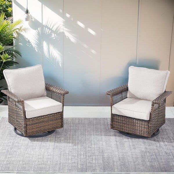 moosprr Modern Brown Wicker Outdoor Swivel Glider Chair with Beige Cushions and Seagull Armrest (2-Pack)
