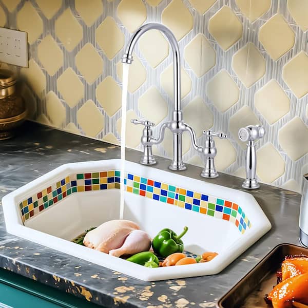 8 in. Centerset 4 Hole Double Handle Brass Bridge Kitchen Faucet with Side Sprayer in Polished Chrome