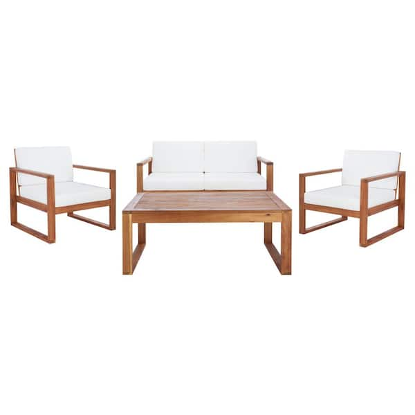 Emiko Natural 4-Piece Wood Patio Conversation Set with Beige Cushions