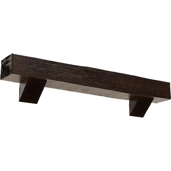 Ekena Millwork 6 in. x 6 in. x 5 ft. Rough Cedar Faux Wood Fireplace Mantel Kit, Breckinridge Corbels, Premium Aged