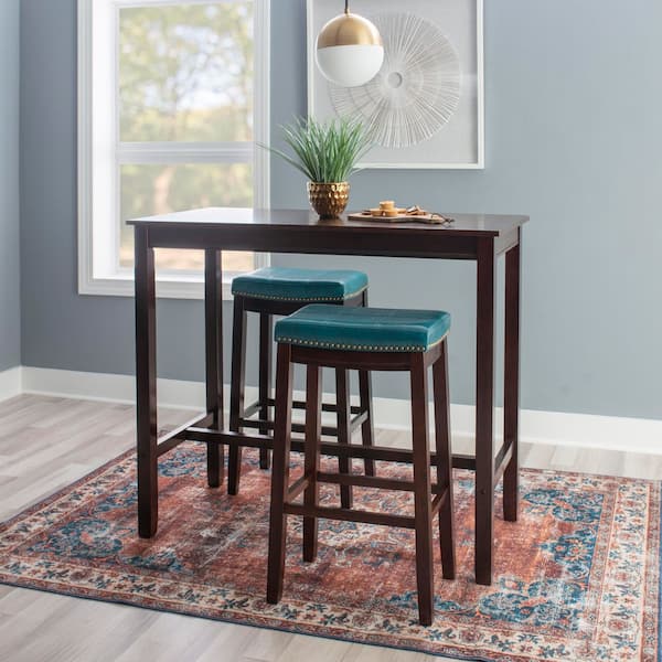 Concord 42 in. H Brown and Blue Rectangle 3-Piece Bar Height Brown and Blue Dining Bar Table Set Seats-2