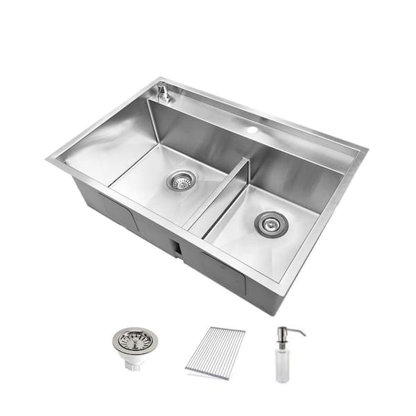 SINK DEPOT 16-Gauge Stainless Steel 33 in. Double Bowl Undermount