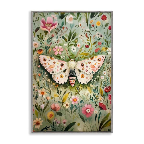 Stupell Industries Floral Moth and Botanicals by The Dutch Lady Gray Framed Nature Giclee Art Print 24 in. x 16 in.