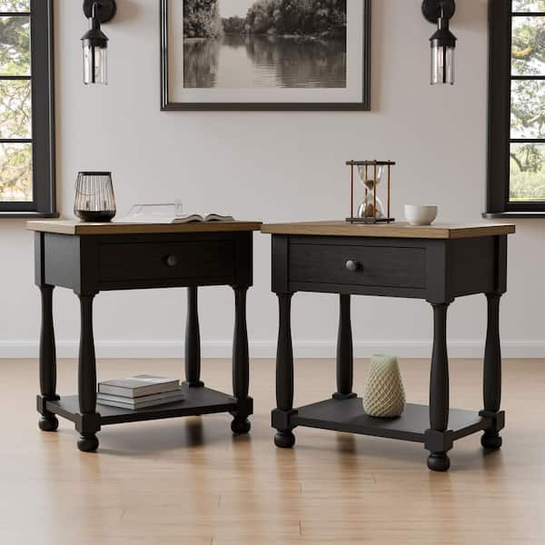 Windcrest Farmhouse Black/Rustic Oak 1-Drawer 26 in. W Nightstand (Set of 2) With USB Ports