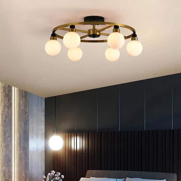 Mid Century Modern 6-Light Gold Semi Flush Mount Ceiling Light Sputnik Chandeliers with Milk Glass Ball Chandelier