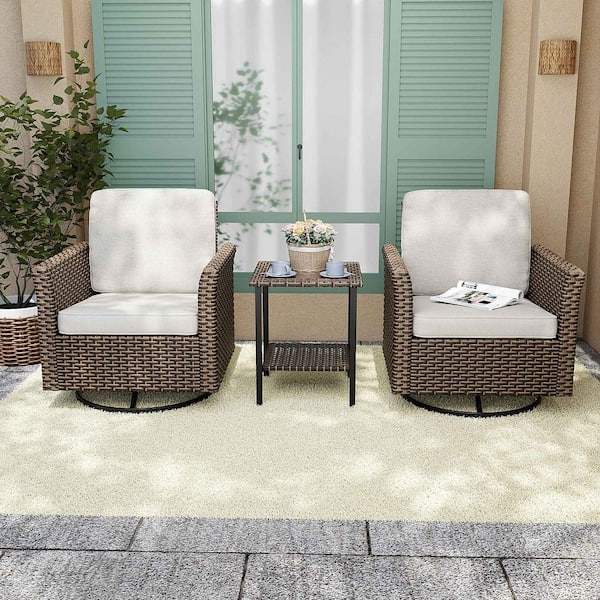 INMITOM 3-Piece Patio Wicker Conversation Set with Beige Cushions and Side Table