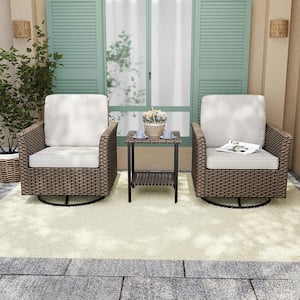 3-Piece Patio Wicker Conversation Set with Beige Cushions and Side Table