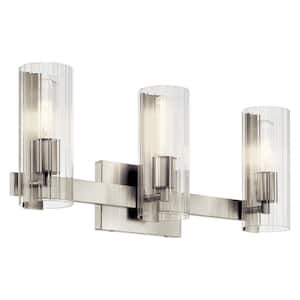 Jemsa 22.75 in. 3-Light Brushed Nickel Soft Modern Bathroom Vanity Light with Clear Fluted Glass