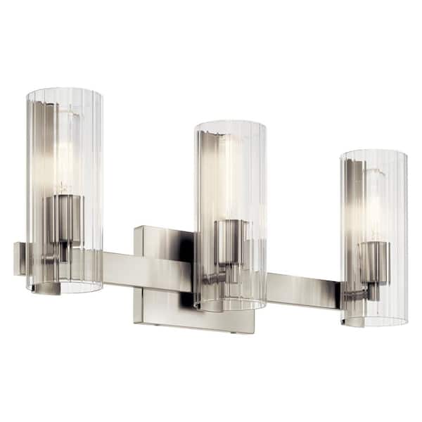 KICHLER Jemsa 22.75 in. 3-Light Brushed Nickel Soft Modern Bathroom Vanity Light with Clear Fluted Glass