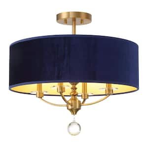 Van Noord 21 in. 4-Light Oxidized Aged Brass Transitional Semi-Flush with Blue Velvet Shade and No Bulbs Included