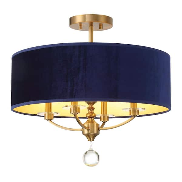 Minka Lavery Van Noord 21 in. 4-Light Oxidized Aged Brass Transitional Semi-Flush with Blue Velvet Shade and No Bulbs Included
