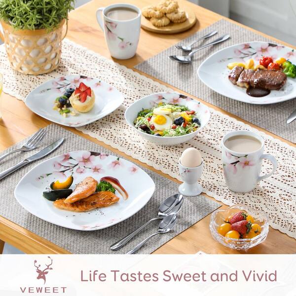 VEWEET 20-Piece White with Pink Floral Pattern Porcelain