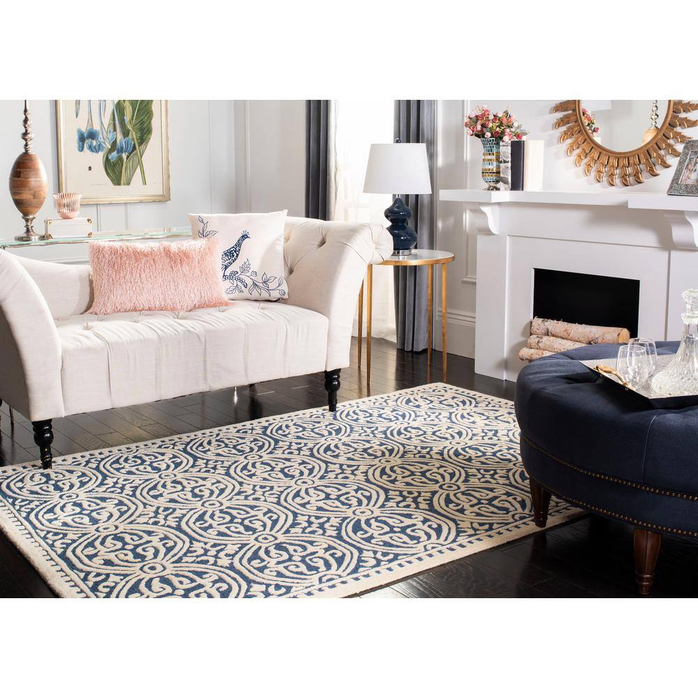 Ivory and Navy Blue Hand-Tufted Wool Geometric Square Rug