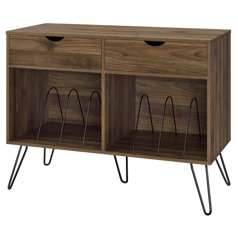 Mid-Century Walnut Turntable Stand with Hairpin Legs and Storage