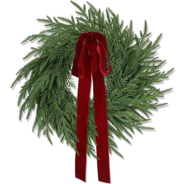 24 Inch Red Velvet Bow PreLit Artificial Norfolk Pine & Cedar Christmas Wreath for Indoor Outdoor Holiday Decor