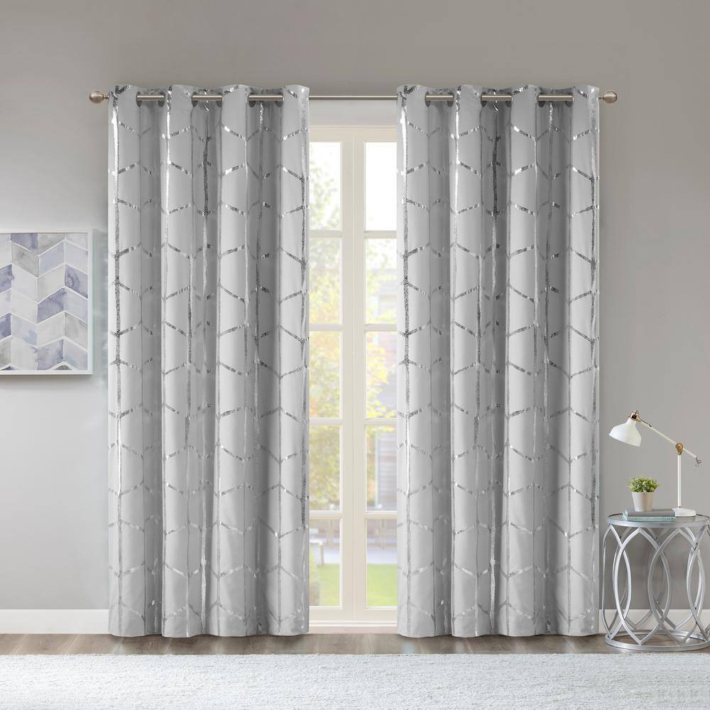 Grey/Silver Geometric Blackout Polyester Grommet Curtains, 50"x84" Set of 2