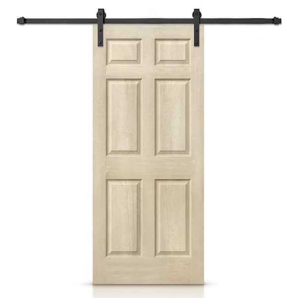 CALHOME 30 in. x 80 in. Vintage Cream Stain Composite MDF 6 Panel Interior Sliding Barn Door with Hardware Kit