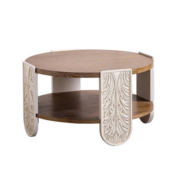 32in. Brown Round Carved Wood Coffee Table, Vintage Palace Style End Table with Double Storage Shelves for Living Room