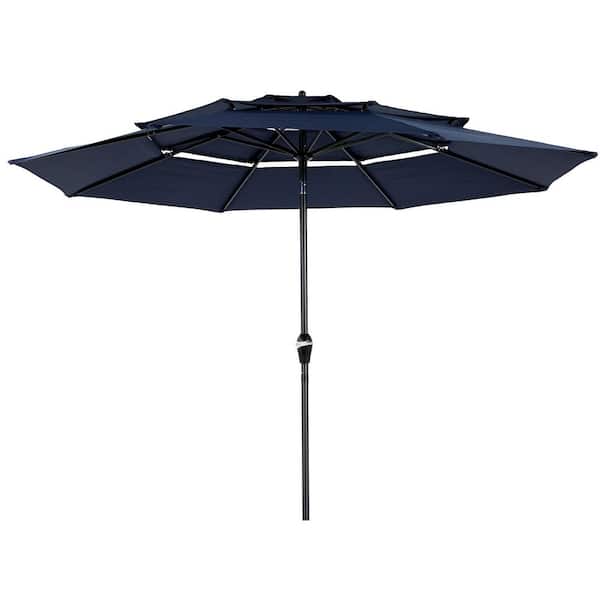 Otryad 9.64 ft. Steel Market Outdoor Patio Umbrella with 8-Ribs, 3-Tier Auto-Tilt Umbrella, (Base Not Included) in Navy Blue