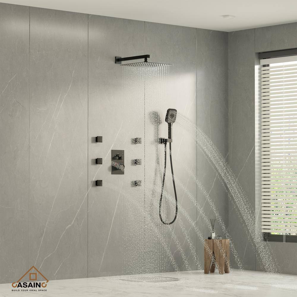 Matte Black 12-Inch Stainless Steel Multi-Head Wall Mounted Shower System