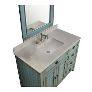 Abbeville 42 in. W x 21.5 in. D x 34 in. H Bathroom Vanity in Distressed Blue with White Marble Top and Mirror