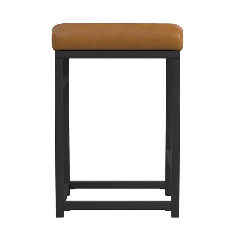 24" Black Metal Counter Height Stool with Carmel Faux Leather Seat