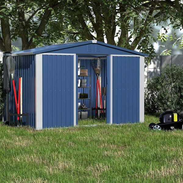 Kaikeeqli 8.5 ft. x 6.5 ft. Metal Outdoor Garden Storage Shed with Sliding Door and Waterproof Roof, Freestanding Cabinet in Blue