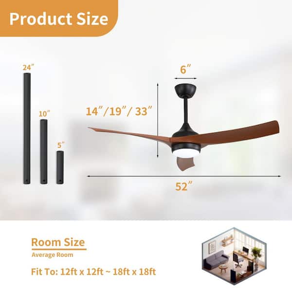 52 in. Integrated LED Indoor Downrod Mount Black/Walnut Windmill Ceiling Fan with Dimmable Light and Remote 6-Speed