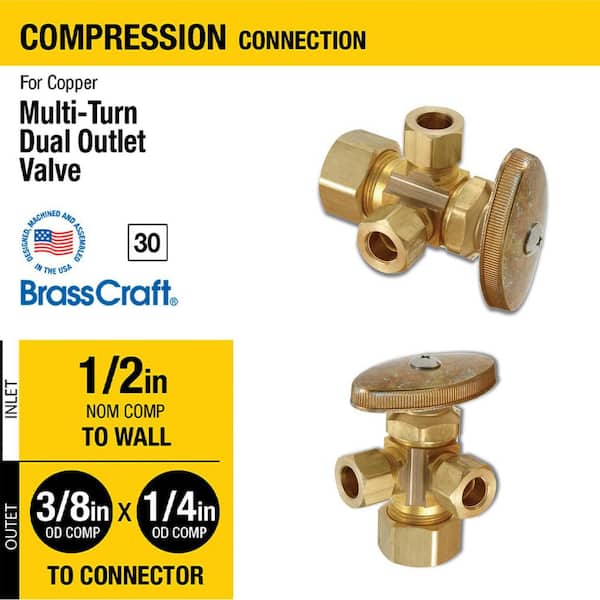 1/2 in. Nominal Compression Inlet x 3/8 in. O.D. Compression x 1/4 in. O.D. Compression Dual Outlet Multi-Turn Valve