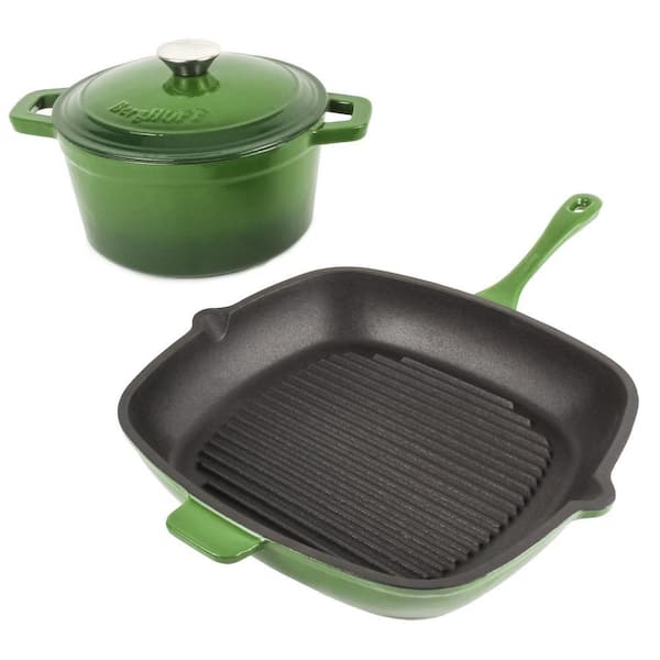 BergHOFF Neo 3-Piece Cast Iron Cookware Set, Grill Pan and Round Dutch Oven, Green