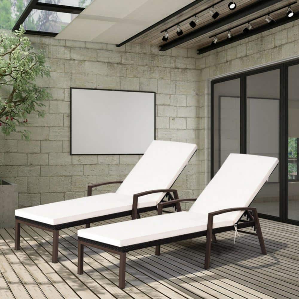 Beige Steel and Rattan Outdoor Chaise Lounge with Cushions