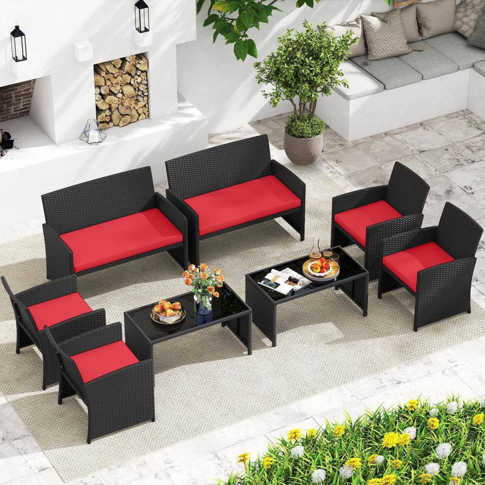 8 PCS Patio Conversation Set with Seat Cushions & Tempered Glass Tabletop, Porch Red+Black price history on PriceWatchPro
