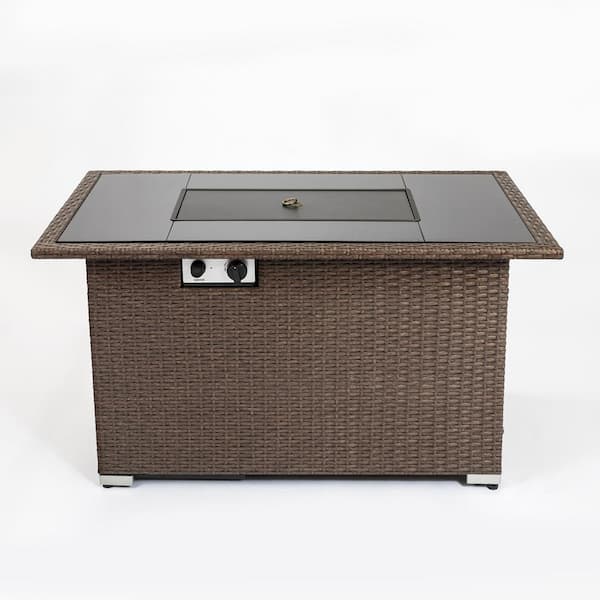 Unbranded Brown Aluminum Frame Wicker Outdoor Fire Pit Table with Tempered Glass Tabletop 7 Blue Stone and Steel Table Lid & Cover