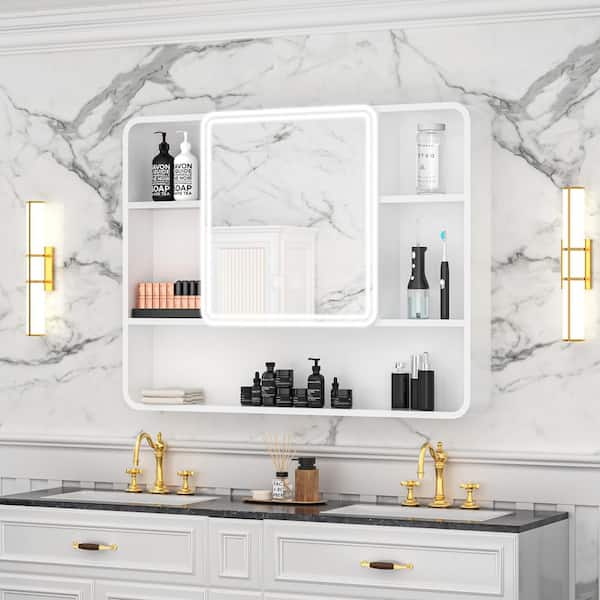35 in. W x 28 in. H Rectangular Aluminum Medicine Cabinet with Mirror and Light, Dimmable, Defogger, White