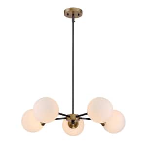 26.75 in. W x 5 in. H 5-Light Oiled Rubbed Bronze with Natural Brass Chandelier with White Opal Glass Orb Diffusers