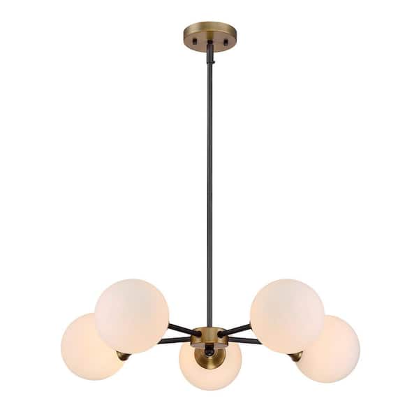 TUXEDO PARK LIGHTING 26.75 in. W x 5 in. H 5-Light Oiled Rubbed Bronze with Natural Brass Chandelier with White Opal Glass Orb Shades
