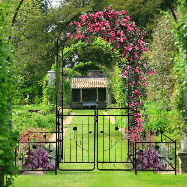 GOGEXX 87 in. Metal Garden Arch Trellis with GateandPlant Box For Climbing Plant Support Outdoor Archway For WeddingsandParties
