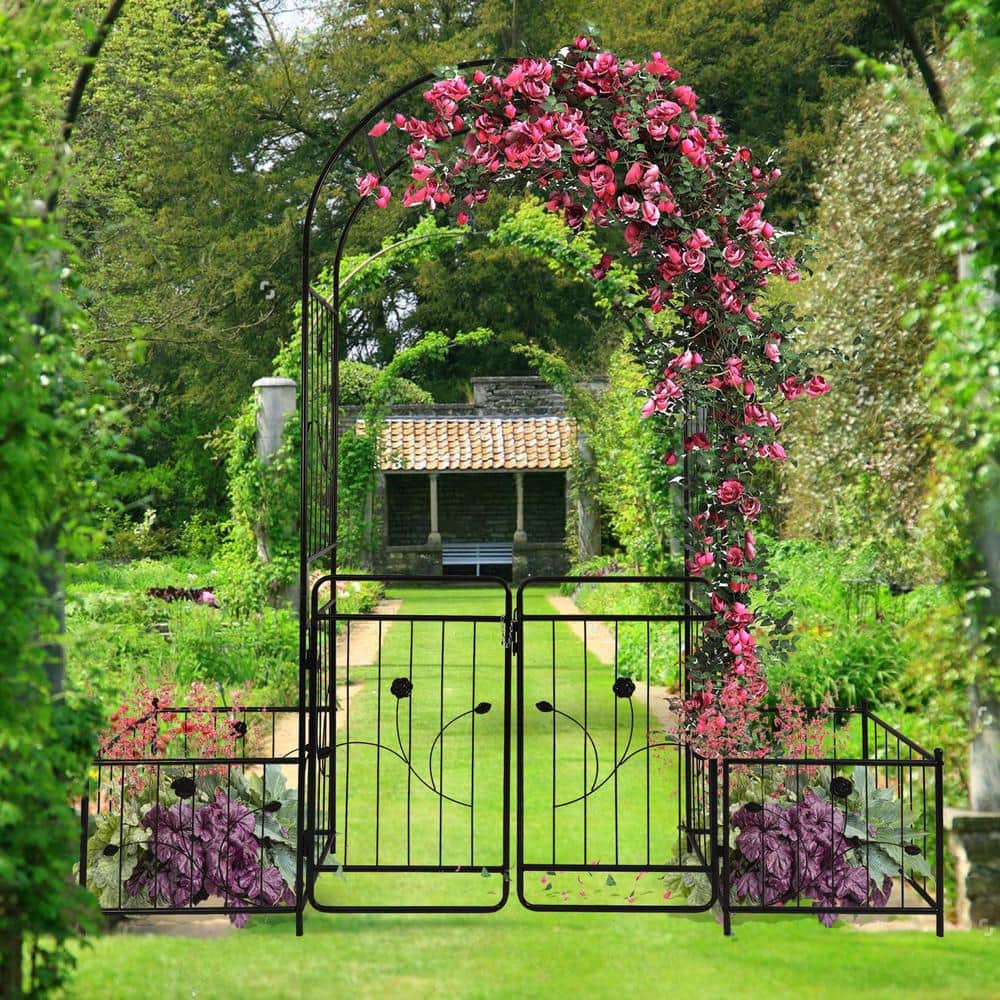 GOGEXX 87 in. Metal Garden Arch Trellis with GateandPlant Box For ...