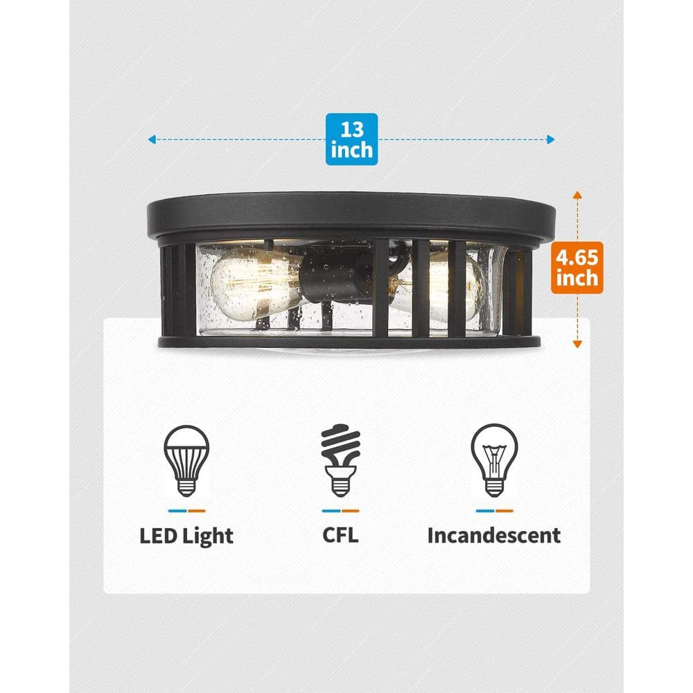 Black Metal and Glass 2-Light Drum Flush Mount Ceiling Light