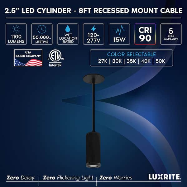 2.5 in. 1-Light Black Cylinder LED Hardwired Pendant Light, 5CCT, 1100LM, 15W,CRI90 Dimmable 8 ft. Mount Cable, 120-277V