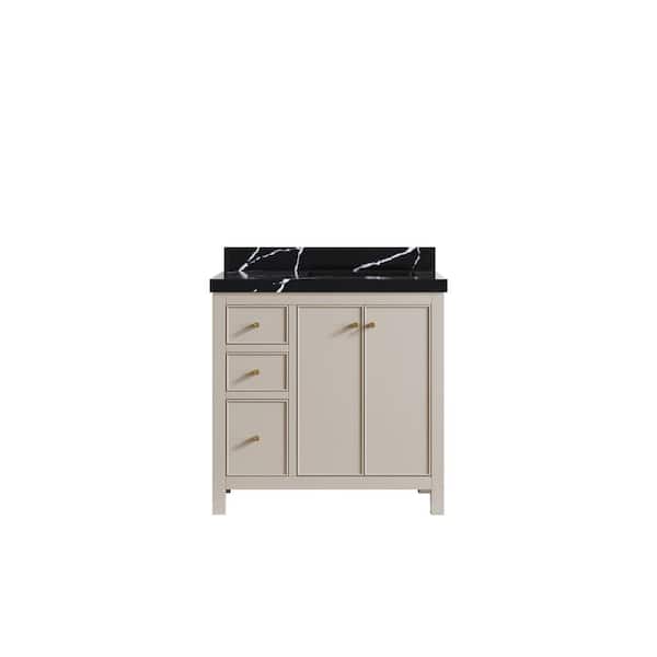 Willow Collections Chicago 36 in. Right Offset Sink Freestanding Fine Grain Bath Vanity with Calacatta Black Qt. Top Unassembled