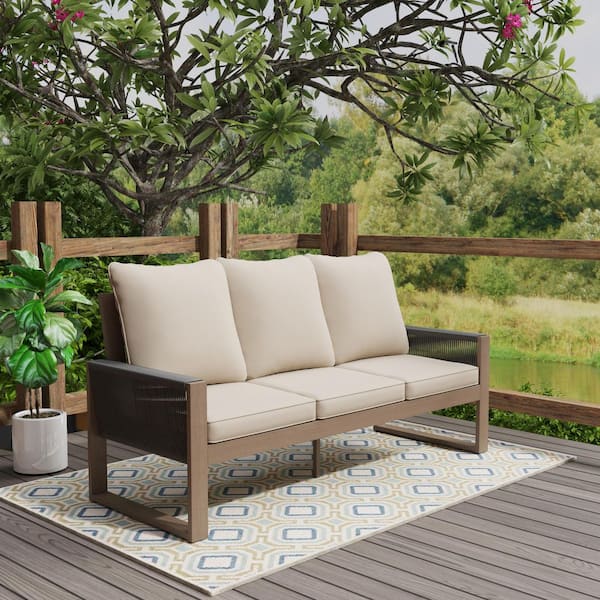 3-Seater Hemlock Wood Wicker Outdoor Couch Patio Sofa with Thicken Beige Cushions