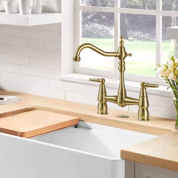 Deck Mounted Double Handle Bridge Kitchen Faucet, Bridge Basin Faucet with Hole Cover in Brushed Gold