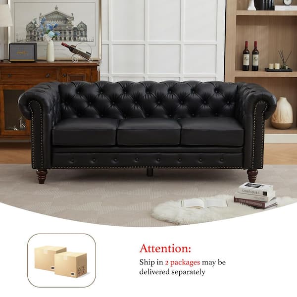 JEAREY 84.25 in. Width Rolled Arm Faux Leather Chesterfield Sofa