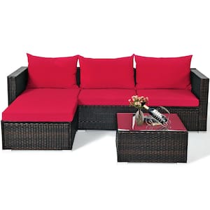 5-Piece Wicker Outdoor Sectional Set with Red Cushions