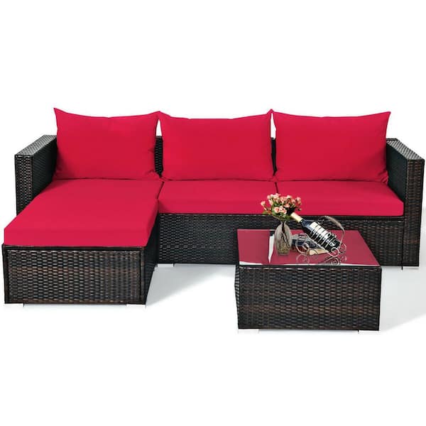 FORCLOVER 5-Piece Wicker Outdoor Sectional Set with Red Cushions