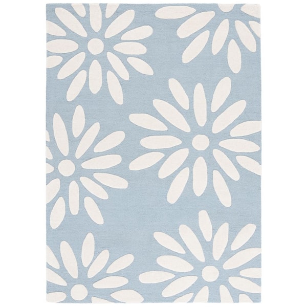 Kids 5 ft. x 7 ft. Light Blue/Ivory Solid Floral Area Rug