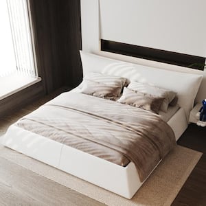 White High End Cream Wood Frame King Velvet Upholstered Platform Bed with Special Shaped Headboard, Solid Wood Slats